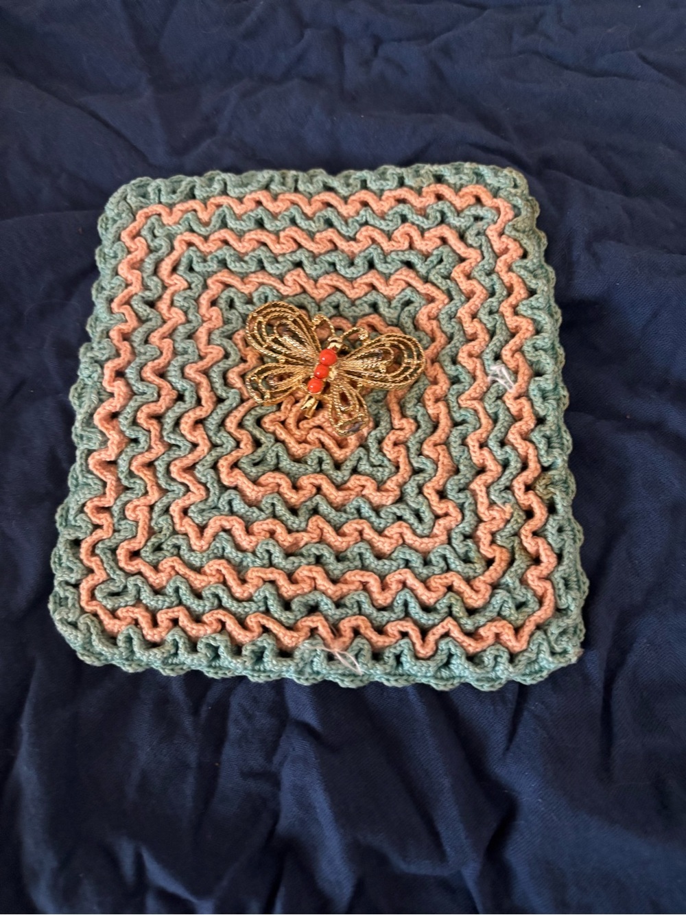 Handmade Crochet Square with Gold Butterfly Accent - Sage Green & Peach